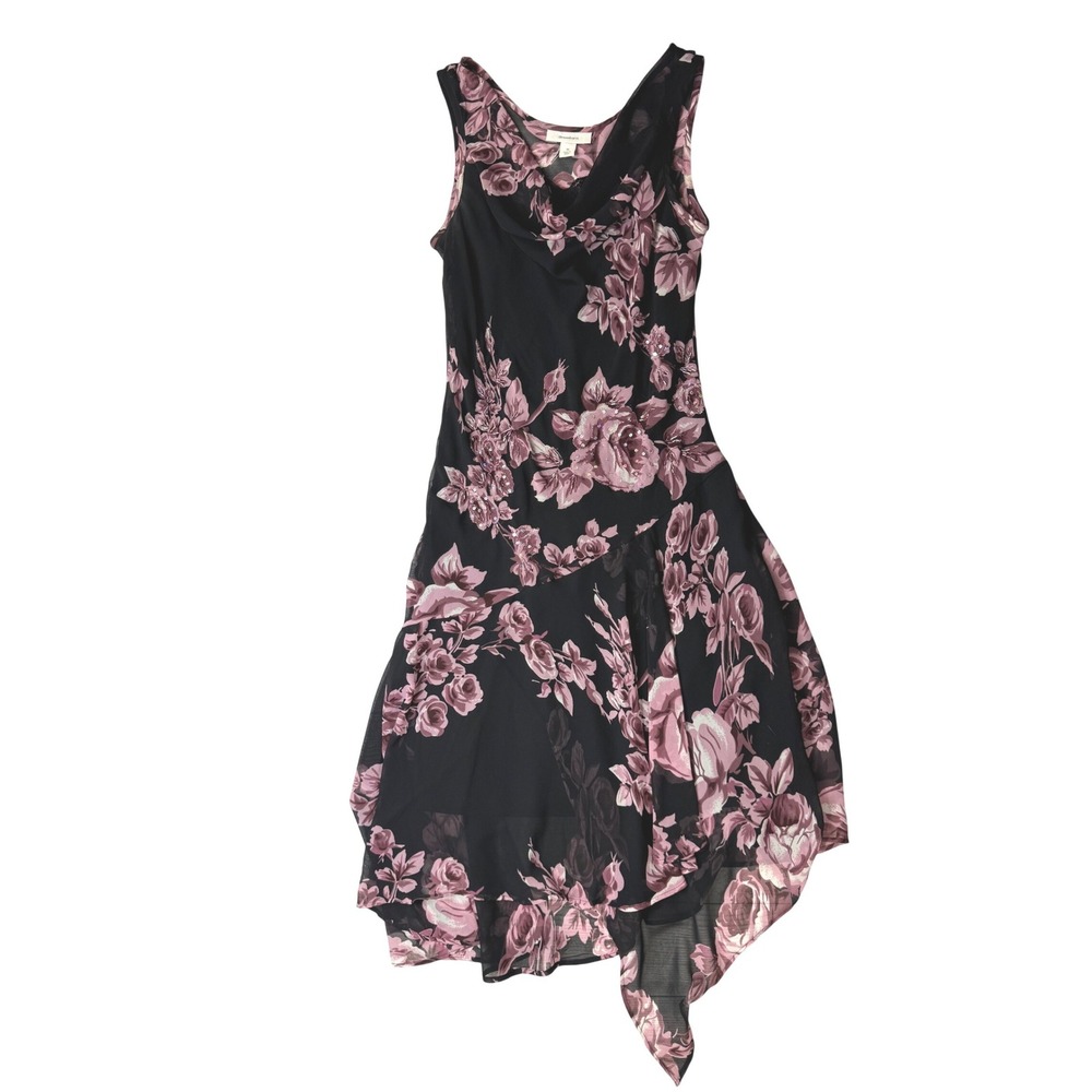 Dressbarn Womens Medium Black Mauve Floral Beaded Cowl Handkerchief Hem Dress